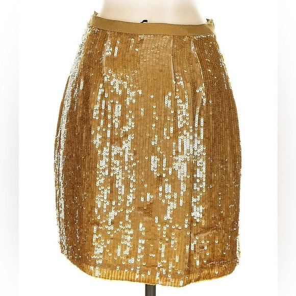 JENNI KAYNE 100% SILK PENCIL MINI SKIRT SEQUINS PARTY GOLD SPARKLY NWT 4 - Picture 2 of 6
